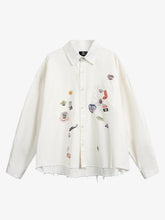 Fun Distressed Raw-Edge Printed Long-Sleeved Shirt