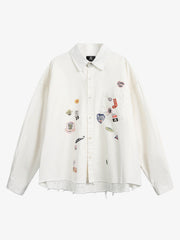 Fun Distressed Raw-Edge Printed Long-Sleeved Shirt