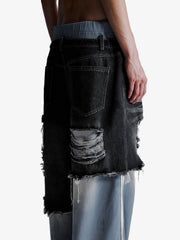 Double-Waistband Denim Patchwork Ripped Casual Pants