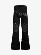 Vintage Heavy Pleated PU Leather Stitch Patchwork Flared Pants