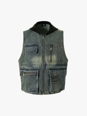 Functional Multi-Pocket Hooded Denim Vest