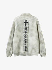 Ribbed Knit Dirty Dyed Embroidery Cross Sweater
