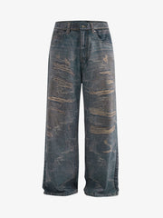 Washed Ripple 3D Print Loose Wide-Leg Jeans