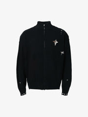 Distressed Ripped-Edge Turtleneck Diamond Star Zipper Knitted Sweater
