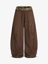 Retro Double-Waist Leopard Patch Barrel Pants