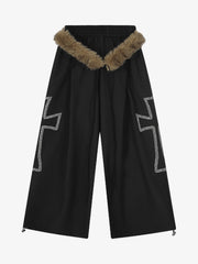 Detachable Fur Collar Drawstring Baggy Pants