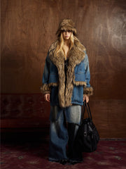 Street Retro Fur Patchwork Washed Denim Cotton Jacket