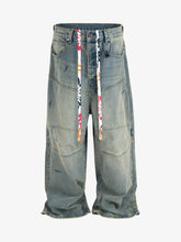 Distressed Contrast Drawstring Knee-Length Jeans