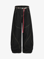 Denim Retro Belt Detail With Patchwork Barrel Jeans