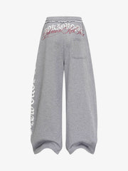 Retro Letter Print Drawstring Straight-Leg Wide Pants