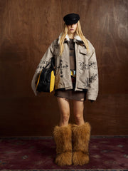 Gothic Letter Print Fur Collar Quilted Cotton Jacket