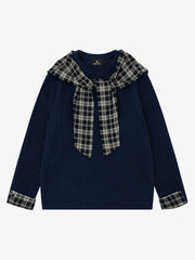 Plaid Scarf Patchwork Contrast Knit Sweater