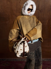 Street Vintage Fog-Dyed Fur Collar Patchwork Hooded Padded Jacket