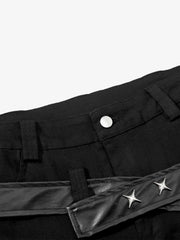 Vintage Heavy Pleated PU Leather Stitch Patchwork Flared Pants
