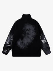 Ink-Splashed Butterfly Jacquard Zip Knit Sweater