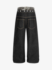 Leopard Star Print Double Waist Tie Jeans