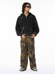 Distressed Stand Collar Quarter Zip Stitching Spray Paint Hooded Sweatshirt