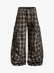 Vintage Plaid Pleated Multi-Pocket Cargo Casual Pants