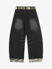 Vintage Washed Ripped Camouflage Patchwork Jeans
