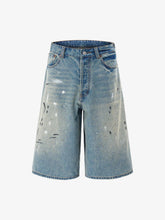 Washed Distressed Ink-Splashed Denim Shorts