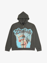 Vintage Blindfolded Angel Rhinestone Zip-Up Hoodie