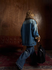 Street Retro Fur Patchwork Washed Denim Cotton Jacket