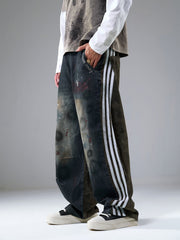 Washed Stripe Patchwork Totem Print Baggy Jeans