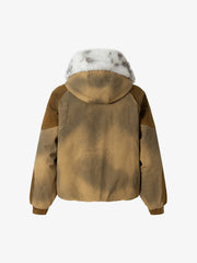 Street Vintage Fog-Dyed Fur Collar Patchwork Hooded Padded Jacket
