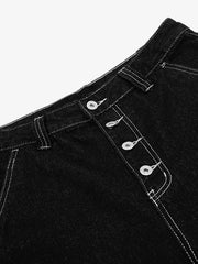 Retro Black Multi-Pocket Exposed Raw Edge Cropped Jeans