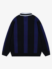 Vertical Striped Colorblock Lapel Sweater