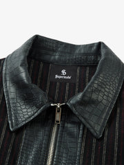 Textured PU Leather Patchwork Retro Stripe Jacket