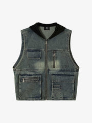 Functional Multi-Pocket Hooded Denim Vest