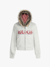 Retro Gradient Letter Print Splicing Cardigan Fur Collar Zip Up Hoodie