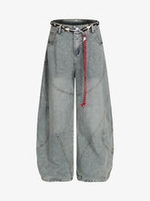 Denim Retro Belt Detail With Patchwork Barrel Jeans