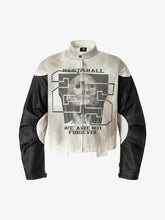 Skull Print Paneled Stand-Up Collar Leather Jacket