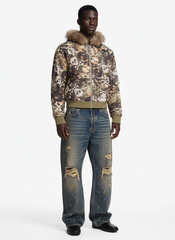 Skull Camouflage Fur Collar Hot Diamond Hooded Jacket