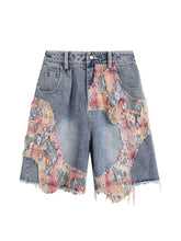 Craftsmanship Ripped Floral Denim Shorts Boho Casual Style