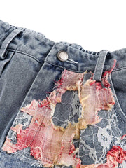 Craftsmanship Ripped Floral Denim Shorts Boho Casual Style