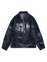 Cross Jacquard Zip Up Denim Jacket Reflective Street Style