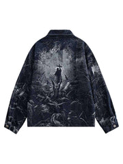 Cross Jacquard Zip Up Denim Jacket Reflective Street Style