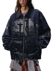 Cross Jacquard Zip Up Denim Jacket Reflective Street Style