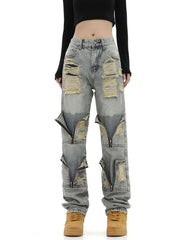 High Street Washed And Torn Work Pockets Denim Pants Streetwear