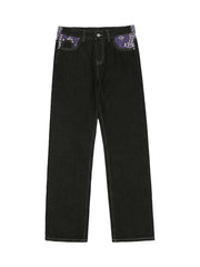 Petal Letter Straight Jeans Fleece Comfort Streetwear