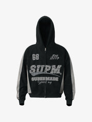 Suede Foam Letter Patchwork Zipper Shorts Jacket