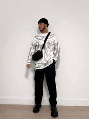 Skull Print Distressed Sweater Zipper Streetwear Style