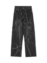High Street Hip Hop Spider Web Denim Pants Streetwear Cargo