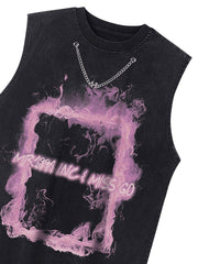 Retro Distressed Washed Smoke Printed Vest Streetwear