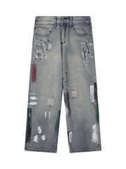 Vintage Ink Splash Washed And Distressed Jeans Streetwear