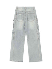 Washed Multi Pocket Work Cargo Jeans Urban Streetwear Style
