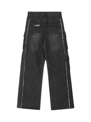 Washed Multi Pocket Work Cargo Jeans Urban Streetwear Style